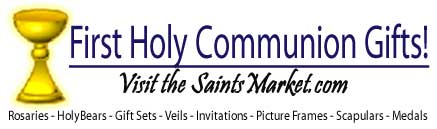 Shop for First Holy Communion Gifts: gift sets, patron saint medals, communion rosaries, veils, communion invitations, and more at the Saints Market Catholic gift store.